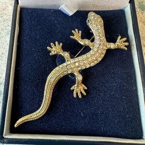 Gold Crystal Lizard Pin Brooch